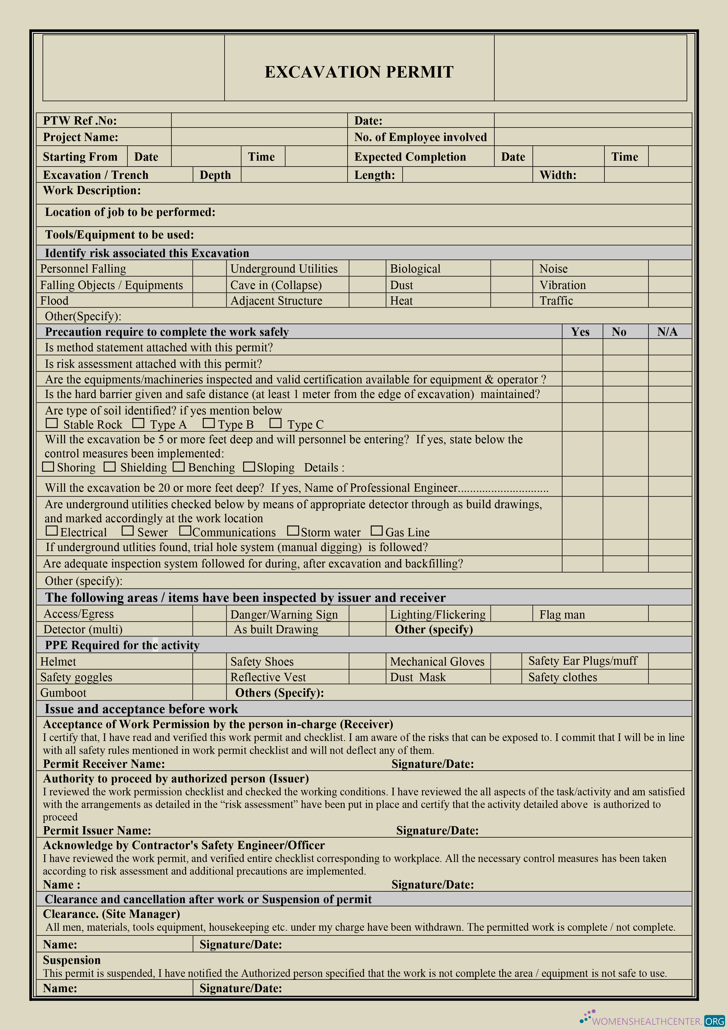 Download Excavation work permit Photoshop template